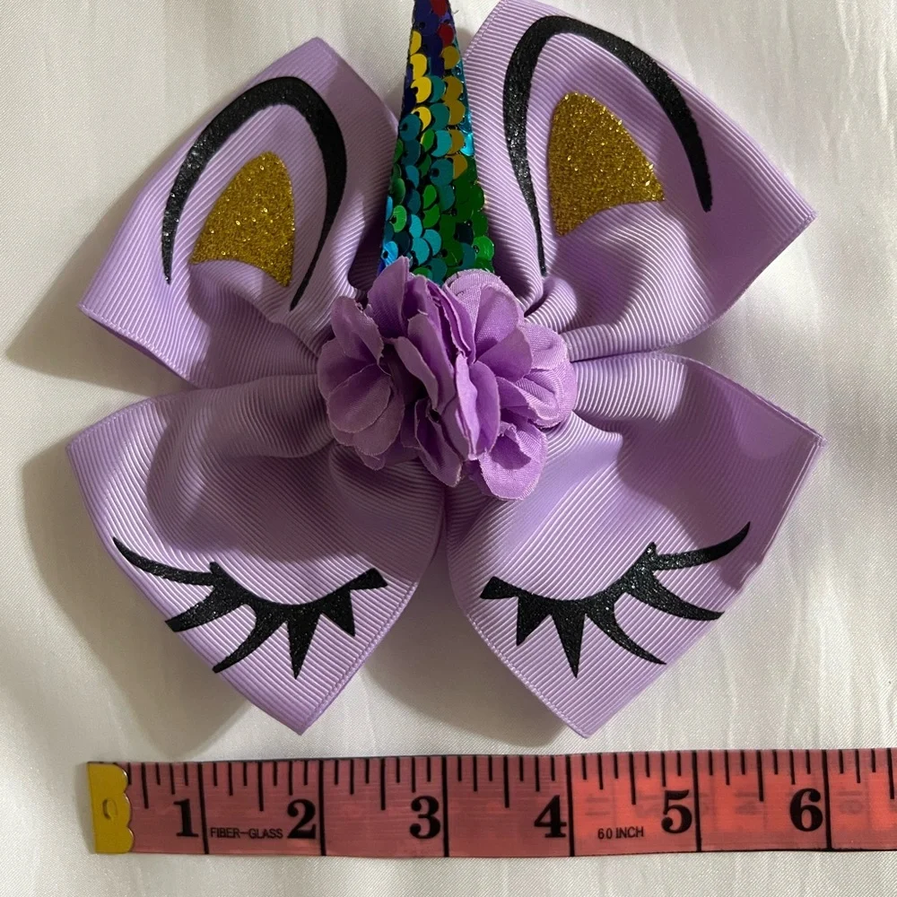 Purple Unicorn Hair Bow with Glitter Accents 6” inches